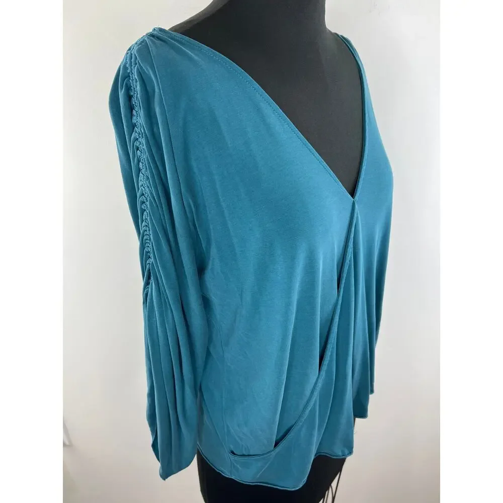 Free People Blue Faux Wrap Long Flowy Sleeve Pullover Women's Top Size S